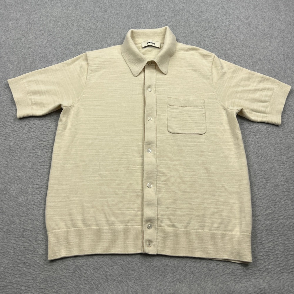 Buck Mason Knit Shirt Mens Medium Cream Short Sleeve Cotton Full Button Up Polo